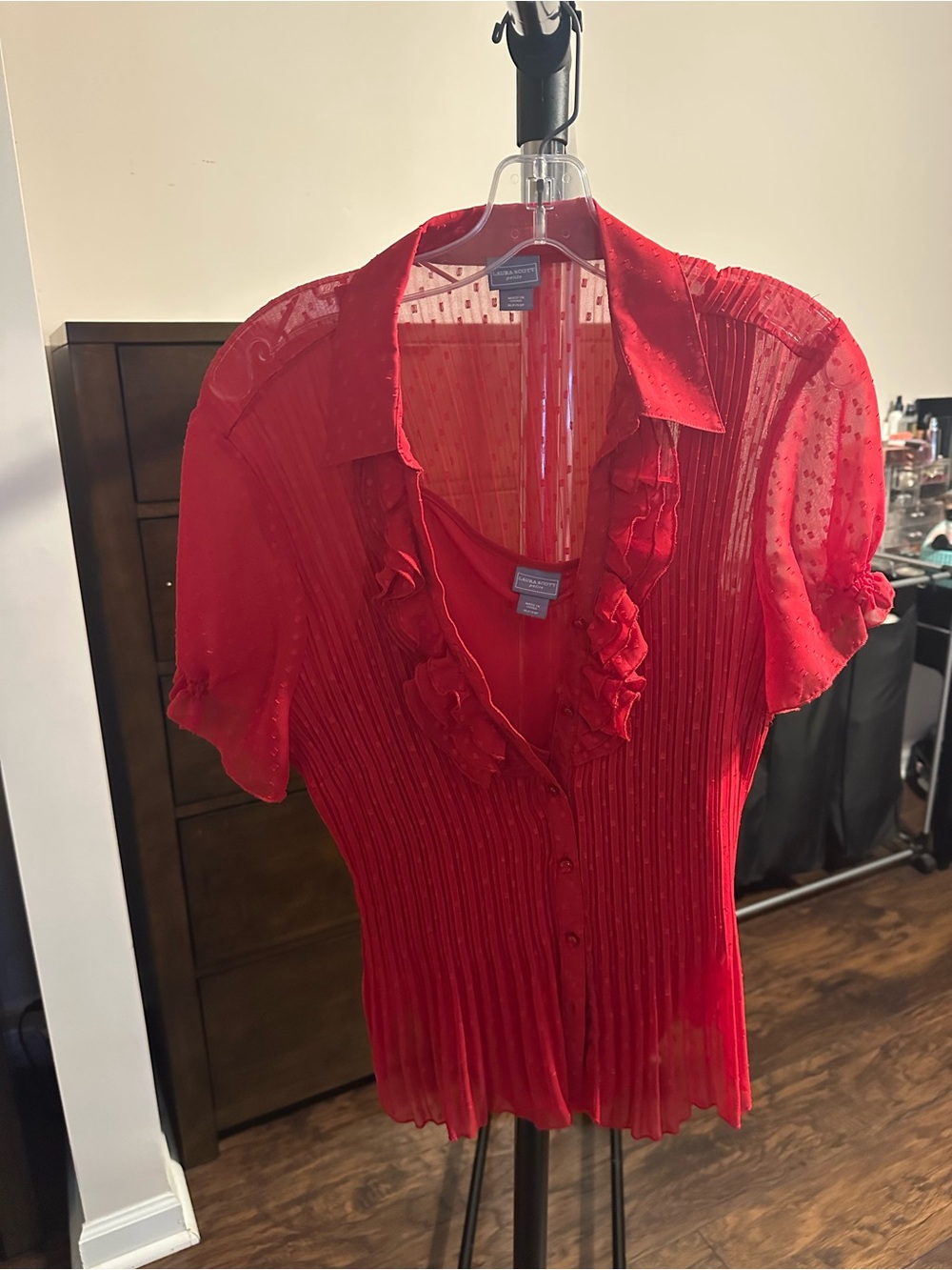 Laura Scott Red Ruffled Pleated Short-Sleeve Blouse
